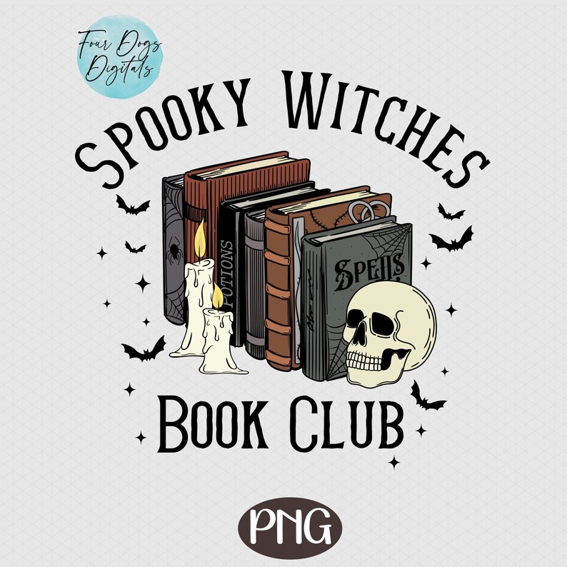 Puede incluir: Gr&aacute;fico de club de lectura Spooky Witches con una pila de libros, dos velas y una calavera. Los libros tienen t&iacute;tulos que dicen "Pociones" y "Hechizos".
