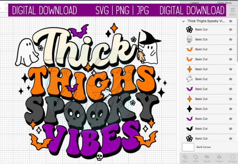 Op de afbeelding: Een digitaal ontwerp met de tekst "Thick Thighs Spooky Vibes" in een kleurrijke, retro stijl. Het ontwerp bevat verschillende Halloween-elementen zoals geesten, vleermuizen en schedels.