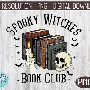Puede incluir: Una ilustraci&oacute;n digital de una pila de libros con las palabras "Spooky Witches Book Club" y una calavera con una vela a cada lado. Los libros tienen las palabras "Potions" y "Spells" en las espinas.