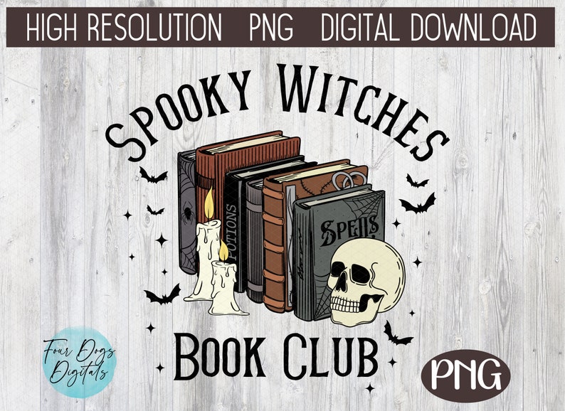 Puede incluir: Una ilustraci&oacute;n digital de una pila de libros con las palabras "Spooky Witches Book Club" y una calavera con una vela a cada lado. Los libros tienen las palabras "Potions" y "Spells" en las espinas.