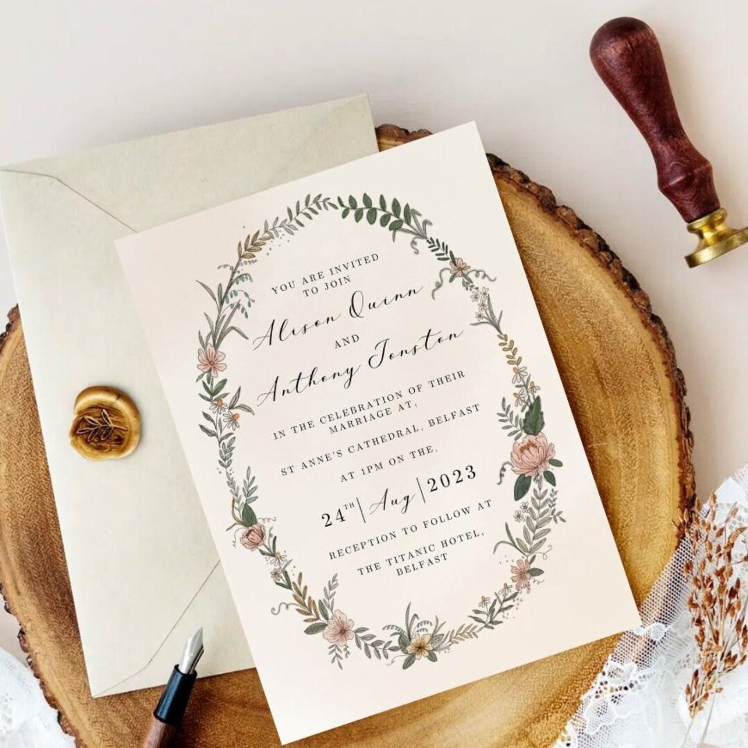 Watercolour Floral Wreath Wedding Invitation Set With Elegant Pastel ...