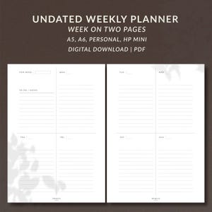 Op de afbeelding: Een ongedateerde weekplanner als digitale download in PDF-formaat met een weekoverzicht op twee pagina's. De pagina's bevatten secties voor de week, taken, notities en elke dag van de week van maandag tot zondag met gelinieerde ruimtes.