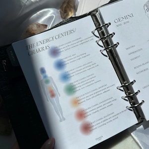 Op de afbeelding: Open planner met pagina's met details over chakra's en het sterrenbeeld Tweelingen. De linkerpagina bevat energiecentra met bijbehorende zoekwoorden. Een diagram van een persoon met gekleurde chakra-punten is zichtbaar. De rechterpagina heeft astrologische informatie.