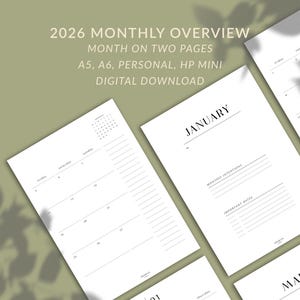 Op de afbeelding: Witte plannerpagina's met de tekst "2026 MONTHLY OVERVIEW" en "JANUARY" worden getoond. De pagina's staan op een lichtgroene achtergrond met een schaduwoverlay. De planner bevat secties voor maandelijkse intenties en belangrijke data.