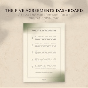 Op de afbeelding: Een digitale download van "The Five Agreements Dashboard" in A5, A6, HP mini, Personal en Pocket formaten. Het document bevat de titel en vijf belangrijke afspraken in een minimalistisch ontwerp met een zachte groene rand.