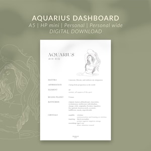 May include: A digital download featuring an Aquarius dashboard design. The design includes the word "Aquarius" in a stylish font, along with a line drawing of a woman. The background is a soft green color.
