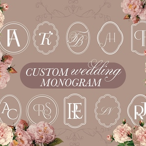 Op de afbeelding: Een verzameling witte, op maat gemaakte trouwmonogramontwerpen met diverse lettercombinaties in cirkelvormige, ovale en geschulpte kaders, tegen een oudroze achtergrond versierd met trossen zachtroze rozen en groene bladeren.