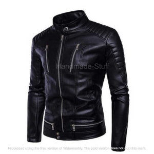 Men&#39;s Black Leather Slim Fit Biker Jacket, Stylish Motorcycle Fashion Coat