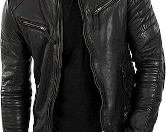 New Men's Genuine Real Lambskin Leather Jacket Black Slim fit Biker jacket