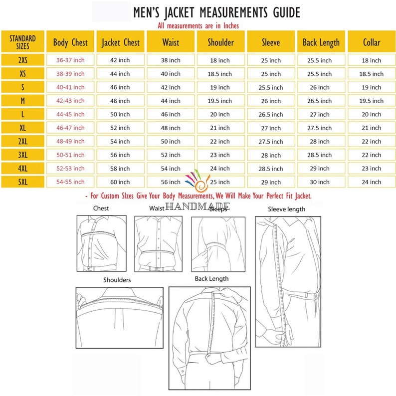 May include: A chart showing men's jacket measurements in inches. The chart includes standard sizes, body chest, jacket chest, waist, shoulder, sleeve, back length, and collar measurements. The chart also includes illustrations of how to measure each part of the body.