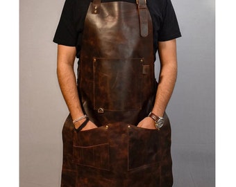 Personalize Leather Apron - Brown Full Grain Leather - Butchers Apron For Hobbyists Woodwork Blacksmith with Pockets A+ Quality