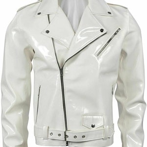 May include: A white leather biker jacket with a zip fastening and a belt at the waist.