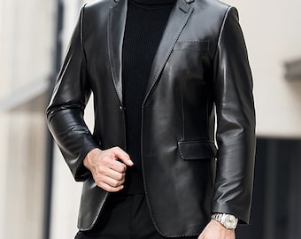 Men's Genuine Lambskin Leather Blazer Jacket Two Button Black Slim fit Coat A QualityWith Free ( Surprise gift )