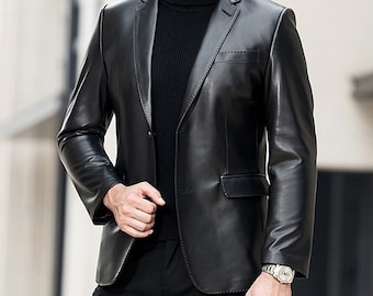 Men's Lambskin Leather Blazer: Slim Fit Black Coat