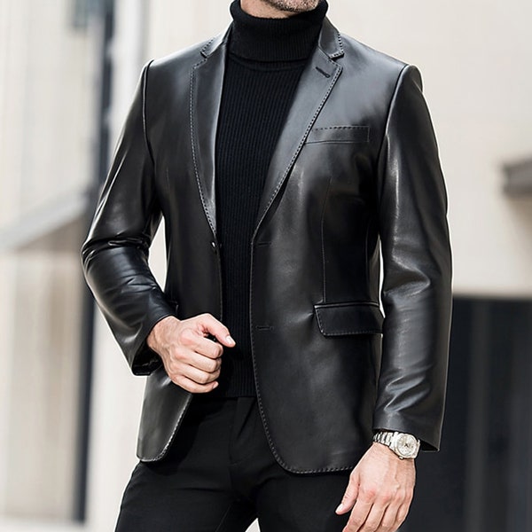 Men's Genuine Lambskin Leather Blazer Jacket Two Button Black Slim fit Coat A QualityWith Free ( Surprise gift )