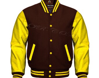 Handmade Wool Varsity Jacket: Yellow Leather Sleeves Bomber