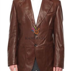 Men&#39;s Genuine Lambskin Soft Leather Blazer Two-Button Brown Jacket Casual Coat