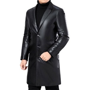 Men&#39;s Long Coat Leather Jacket Blazer Motorcycle Trench Slim fit Sheepskin Black Leather Coat Mens Steampunk Coat Gothic Coat-Handmade Coat