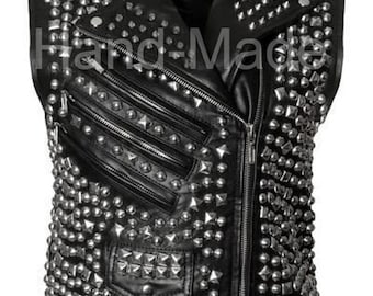 Gilet in pelle con borchie fatto a mano: gilet da motociclista nero da donna