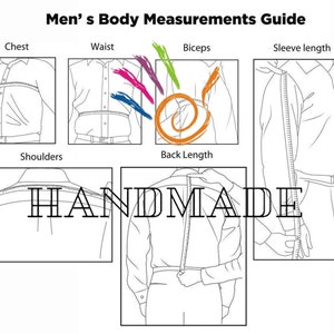 Pu&ograve; includere: Un diagramma che mostra come misurare diverse parti del corpo per un capo di abbigliamento su misura. Il diagramma mostra come misurare il petto, la vita, i bicipiti, la lunghezza della manica, le spalle e la lunghezza della schiena.