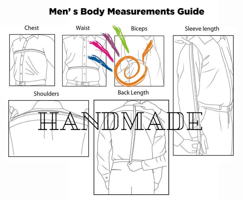 Pu&ograve; includere: Un diagramma che mostra come misurare diverse parti del corpo per un capo di abbigliamento su misura. Il diagramma mostra come misurare il petto, la vita, i bicipiti, la lunghezza della manica, le spalle e la lunghezza della schiena.