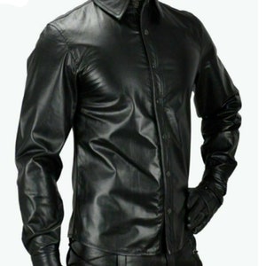 Men&#39;s Black Real Leather Police Military Shirt Style Full Sleeves Schwarz Cuir