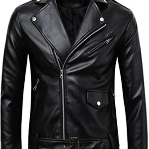 Mens Classic Police Style Faux Leather Motorcycle Jacket 