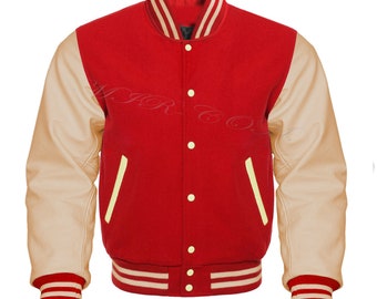 Handmade Wool Varsity Jacket: Cream Leather Sleeves, College Style