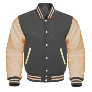 Handmade Unisex Varsity College Jacket, Letterman Jacket Style Front Back Wool & Cream Leather Sleeves Bomber Jacket For Men, Women and kid
