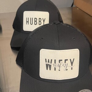 Couple Hubby and Wifey matching leather patch trucker hats