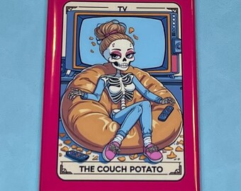The Couch Potato Skeleton Rectangle Magnet – Lazy Skull Fridge Decor – Funny Relaxing Humor Gift