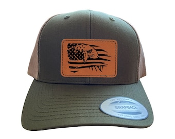 Eagle and American Flag Leather Patch Trucker Hat