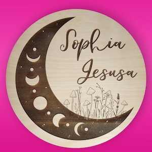Wooden Name Sign Mushroom Moon Theme Baby Name Sign For Nursery Boho Name Sign Mushroom Sign Laser Engraved Sign