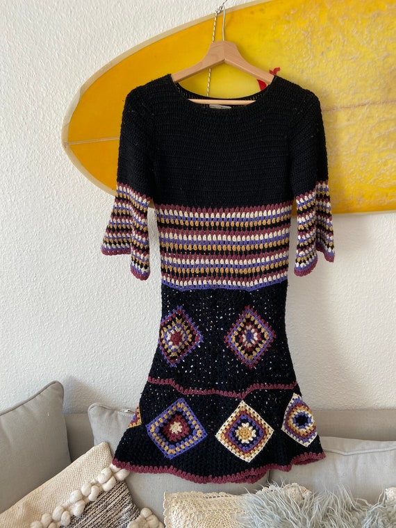 Vintage 70s crochet mini dress handmade wool - image 2