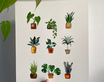 8x10 inch print of a watercolor of 9 small plants in pots.