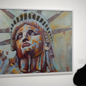 originele schilderij vrijheidsbeeld, kunstportret femous place, new york city art, kleurrijk vrijheidsbeeld..