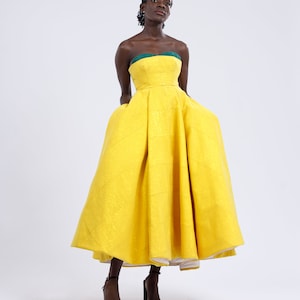 Yellow Custom Made Vintage Inspired Strapless Corseted Kente Midi Gown image 6