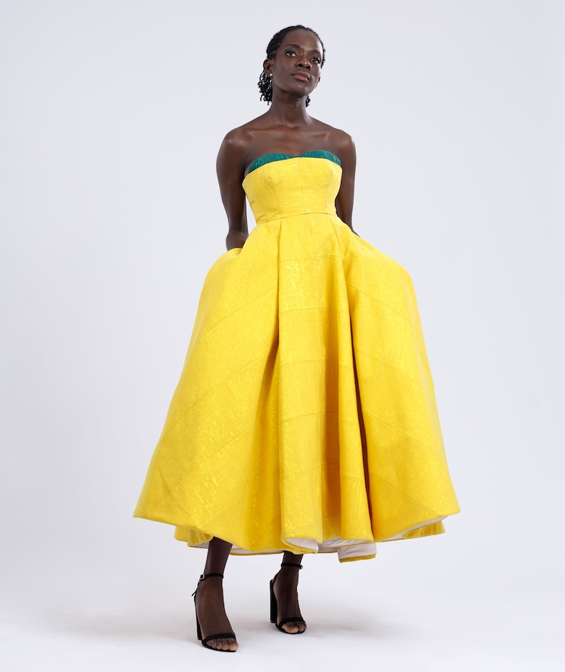 Yellow Custom Made Vintage Inspired Strapless Corseted Kente Midi Gown image 6