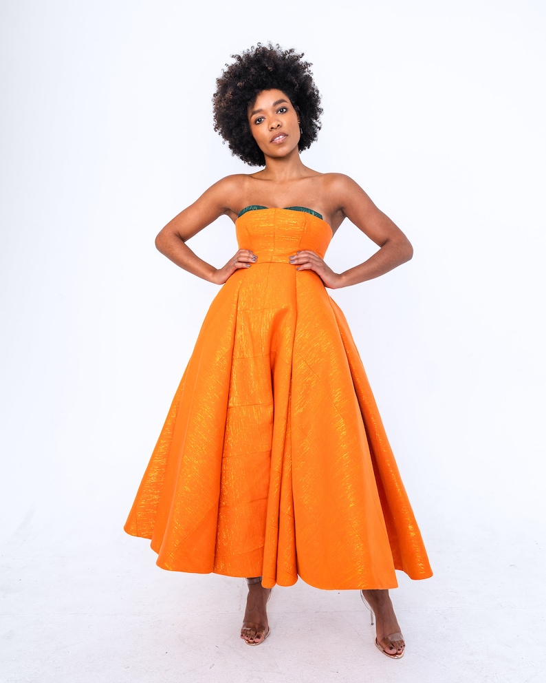 Orange Custom Made Vintage Inspired Strapless Corseted Kente Midi Gown image 2