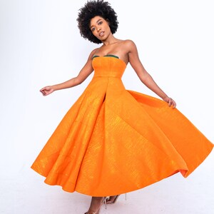 Orange Custom Made Vintage Inspired Strapless Corseted Kente Midi Gown image 3