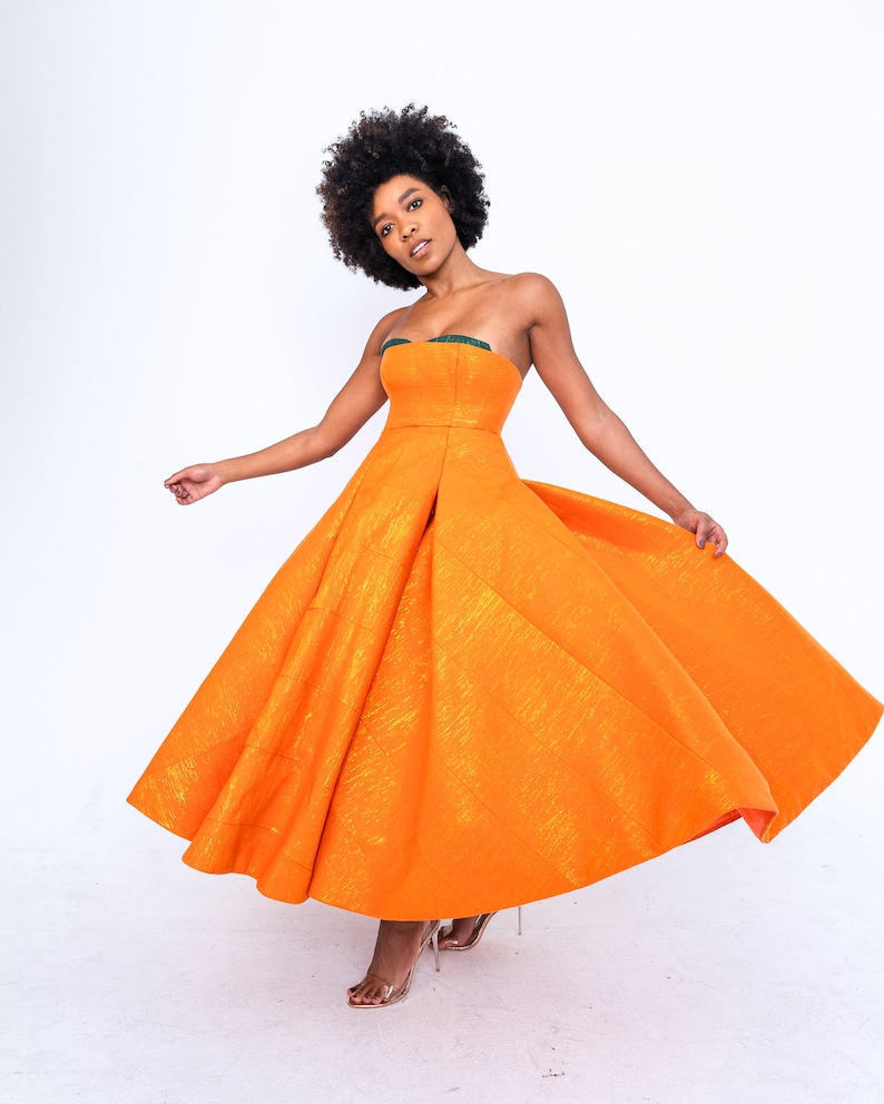 Orange Custom Made Vintage Inspired Strapless Corseted Kente Midi Gown image 3