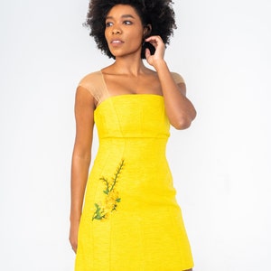 Yellow Illusion Sleeve Embroidered Kente Mini Dress