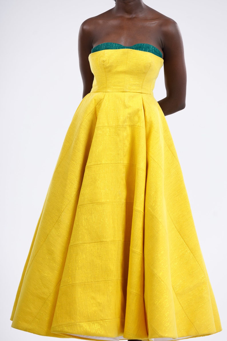 Yellow Custom Made Vintage Inspired Strapless Corseted Kente Midi Gown image 3