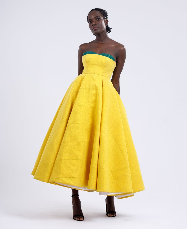 Yellow Custom Made Vintage Inspired Strapless Corseted Kente Midi Gown image 5