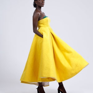 Yellow Custom Made Vintage Inspired Strapless Corseted Kente Midi Gown image 2