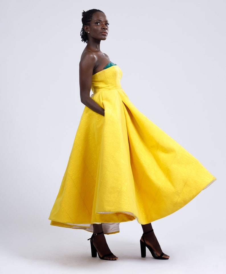 Yellow Custom Made Vintage Inspired Strapless Corseted Kente Midi Gown image 2