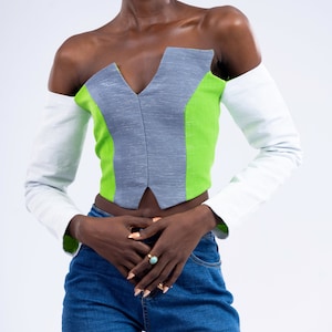 Asymmetrical Color Blocked Off-shoulder Crop top image 1