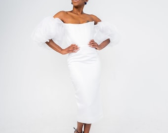 Puff Sleeve Satin Midi Dress