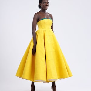 Yellow Custom Made Vintage Inspired Strapless Corseted Kente Midi Gown