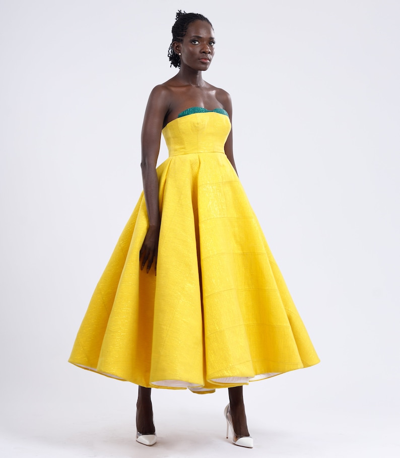 Yellow Custom Made Vintage Inspired Strapless Corseted Kente Midi Gown image 1